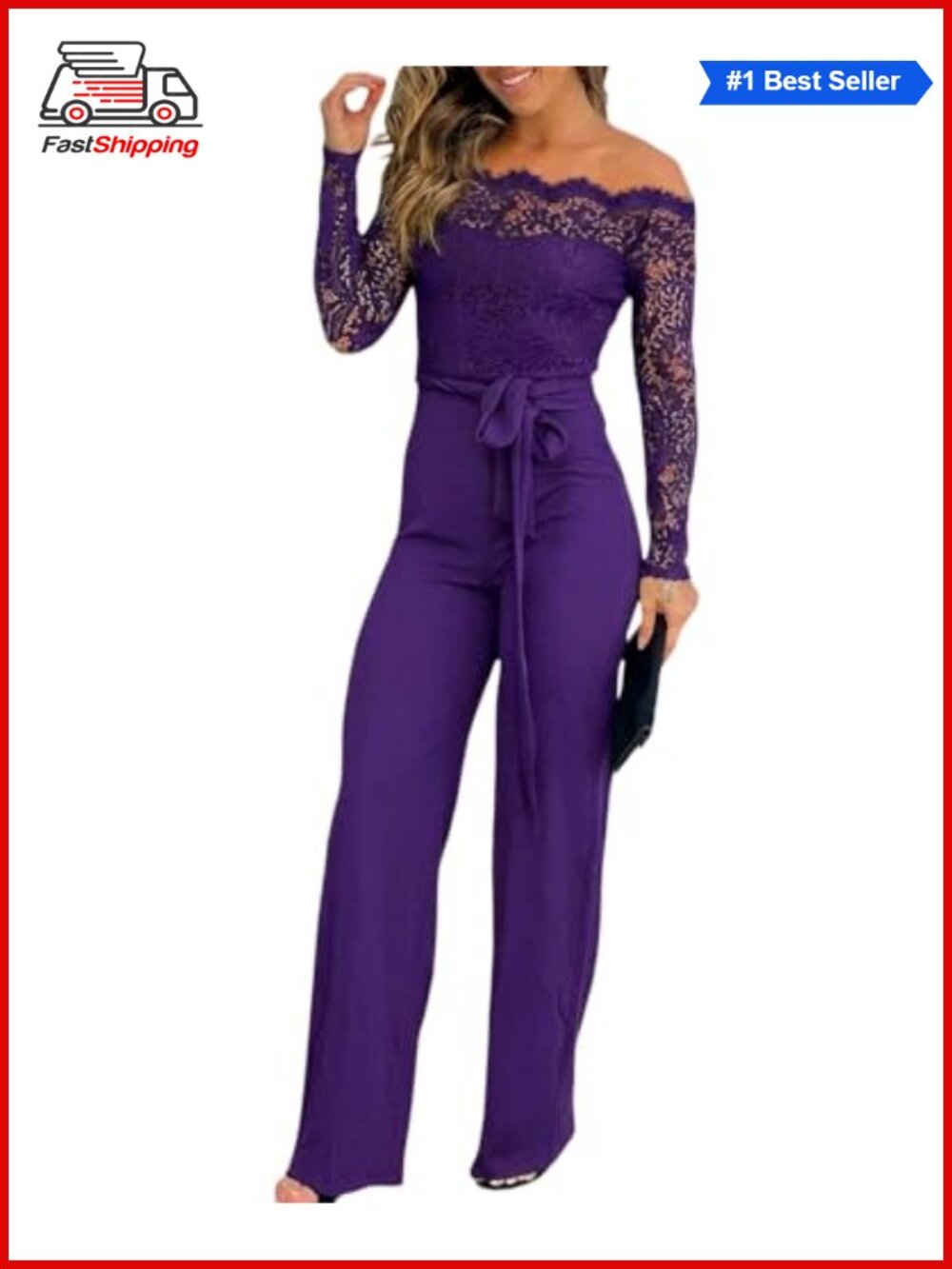 ✨ CHICME Off Shoulder Lace Jumpsuit Belted Long Sleeve Party Overall